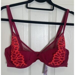 Savage X Fenty Bra 36DD Satin Mesh Tapestry Plunge Underwire Lightly Lined Red